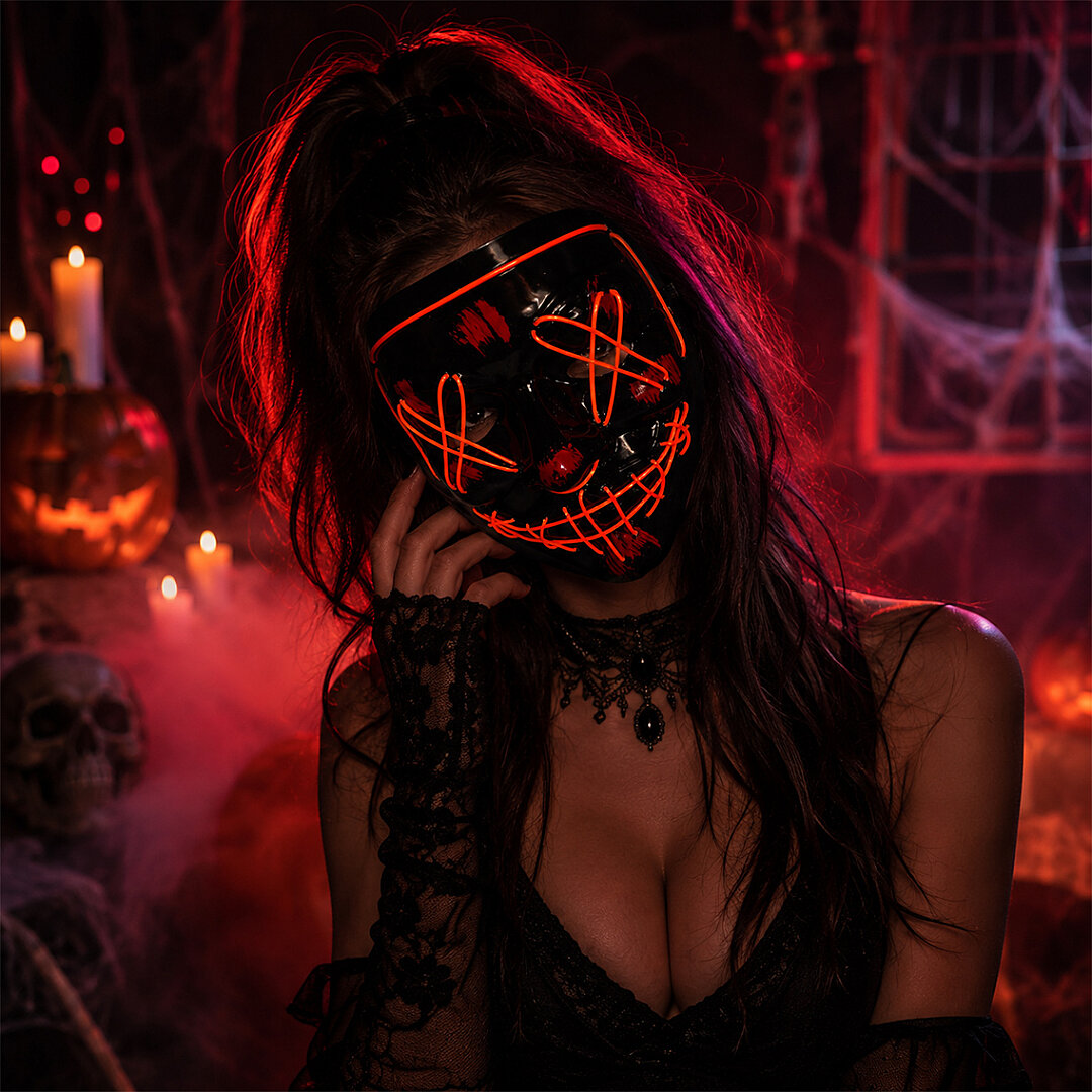 Cadılar Bayramı Siyah Maske Neon Kırmızı Işıklı - Beysüs