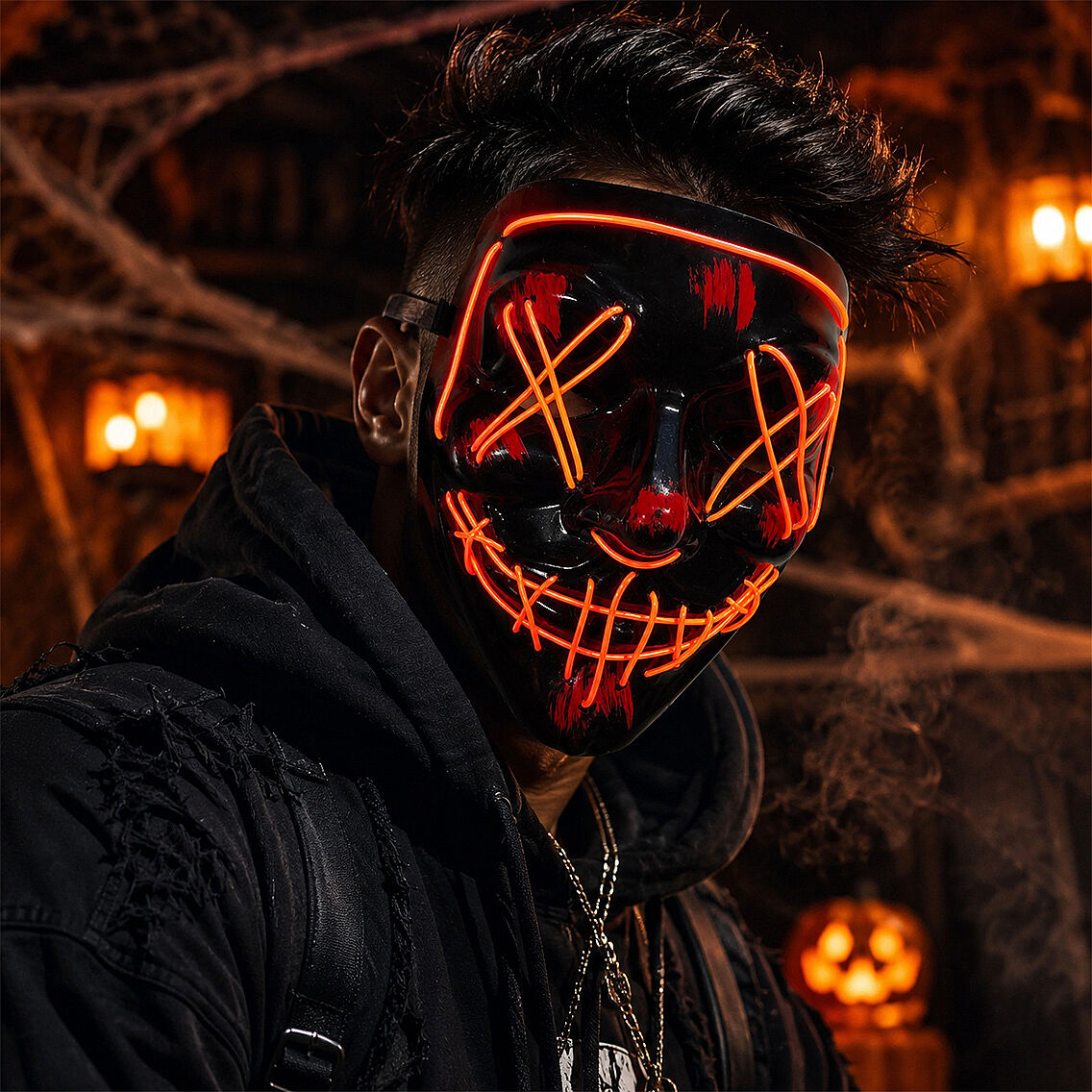 Cadılar Bayramı Siyah Maske Neon Kırmızı Işıklı - 3