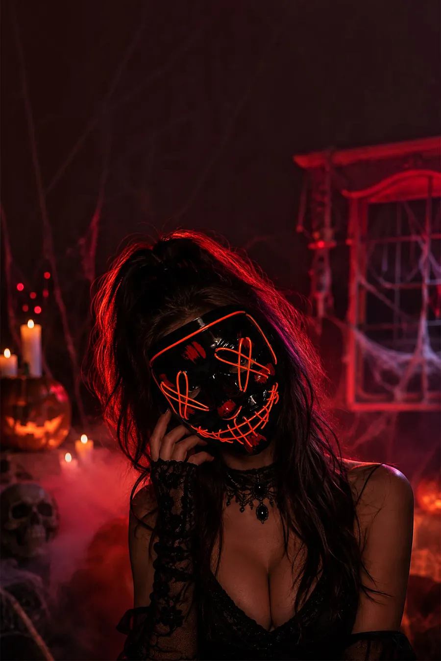 Cadılar Bayramı Siyah Maske Neon Kırmızı Işıklı - 1