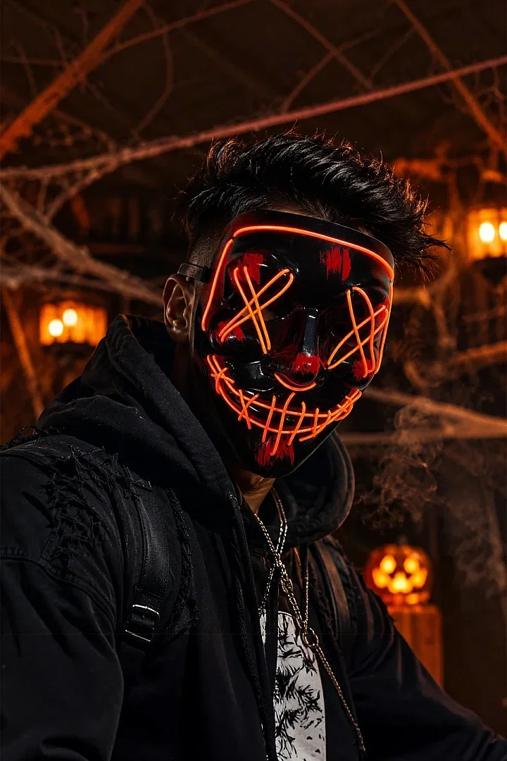 Cadılar Bayramı Siyah Maske Neon Kırmızı Işıklı - 3