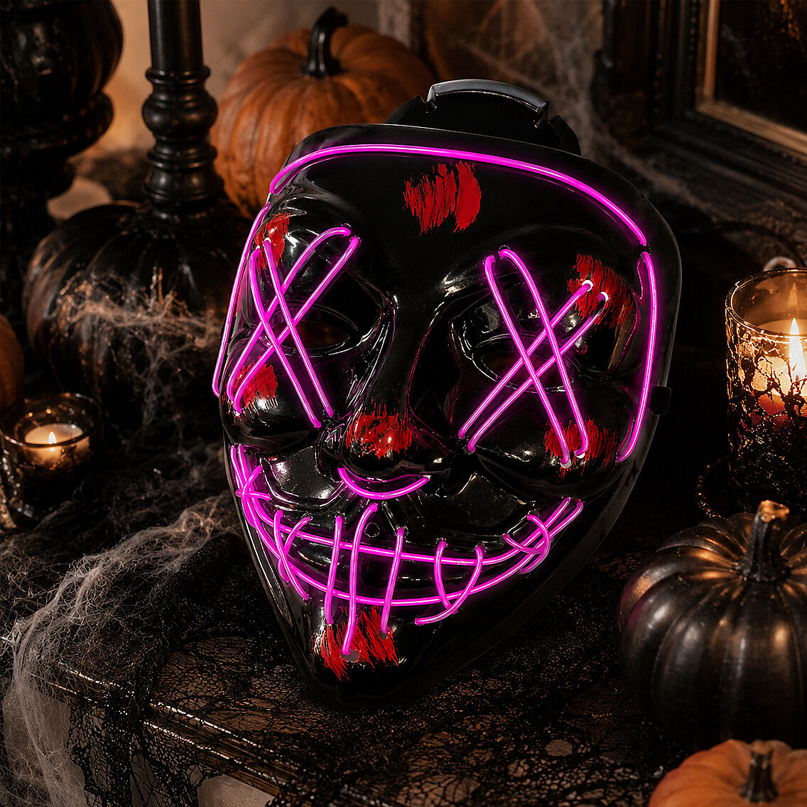 Cadılar Bayramı Siyah Maske Neon Mor Işıklı - 4