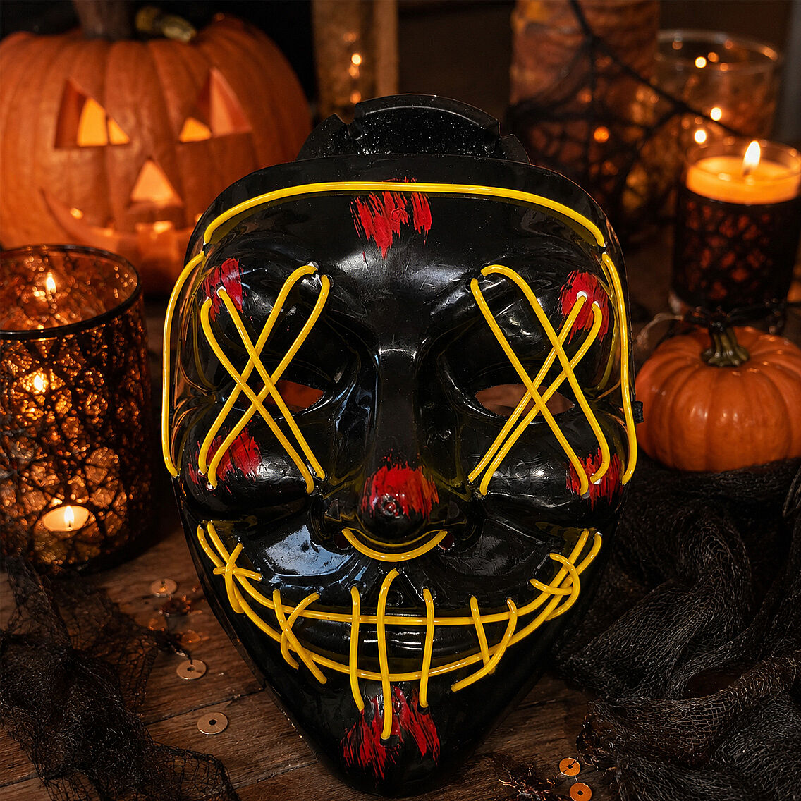 Cadılar Bayramı Siyah Maske Neon Sarı Işıklı - 4