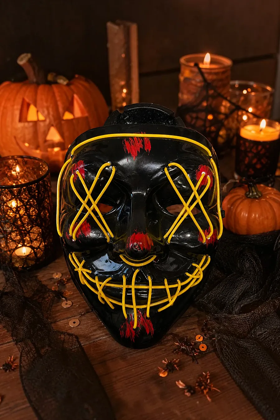 Cadılar Bayramı Siyah Maske Neon Sarı Işıklı - 4