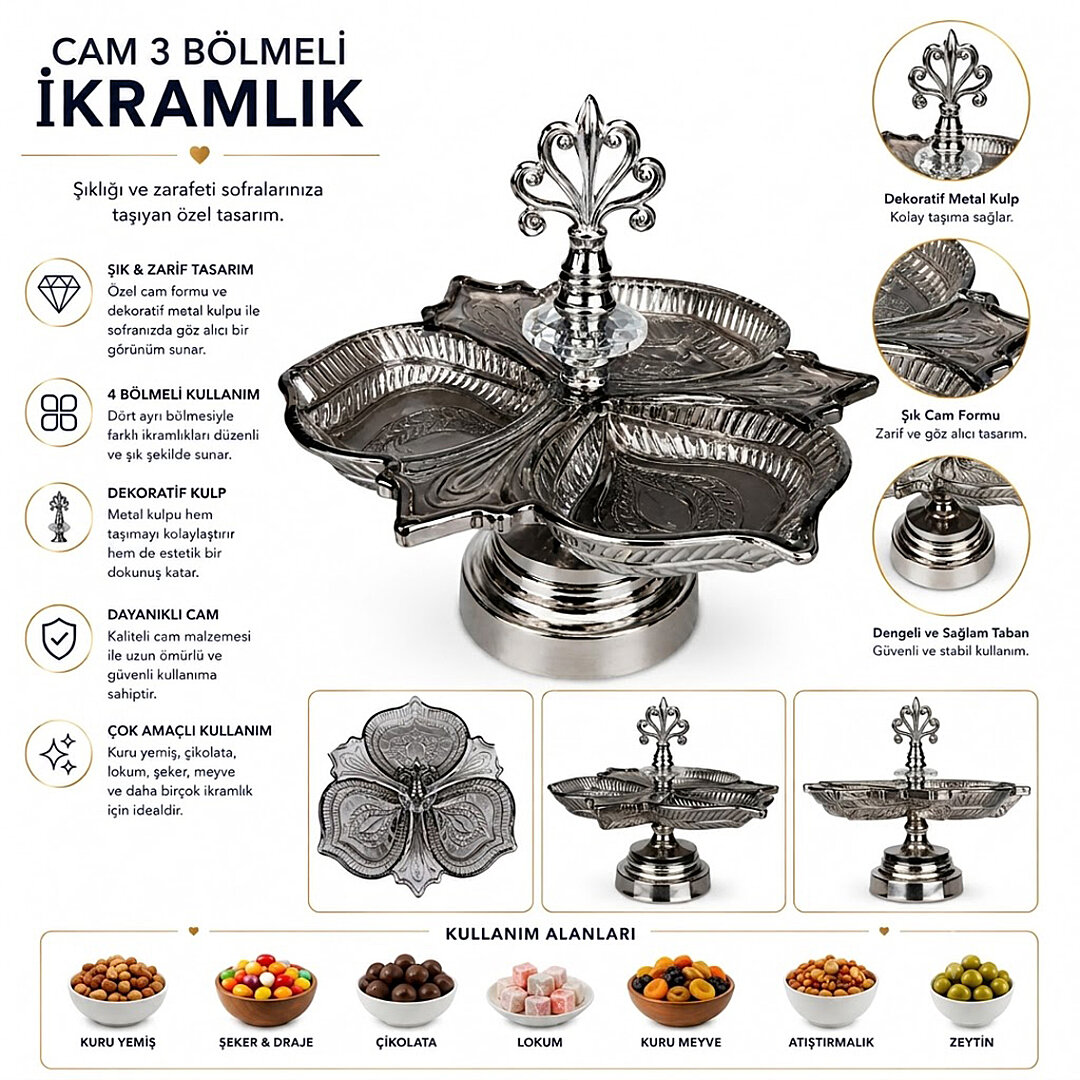Dekoratif 3'lü Cam Şekerlik Gri - 2