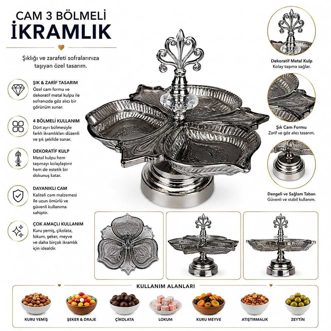 Dekoratif 3'lü Cam Şekerlik Gri - 2