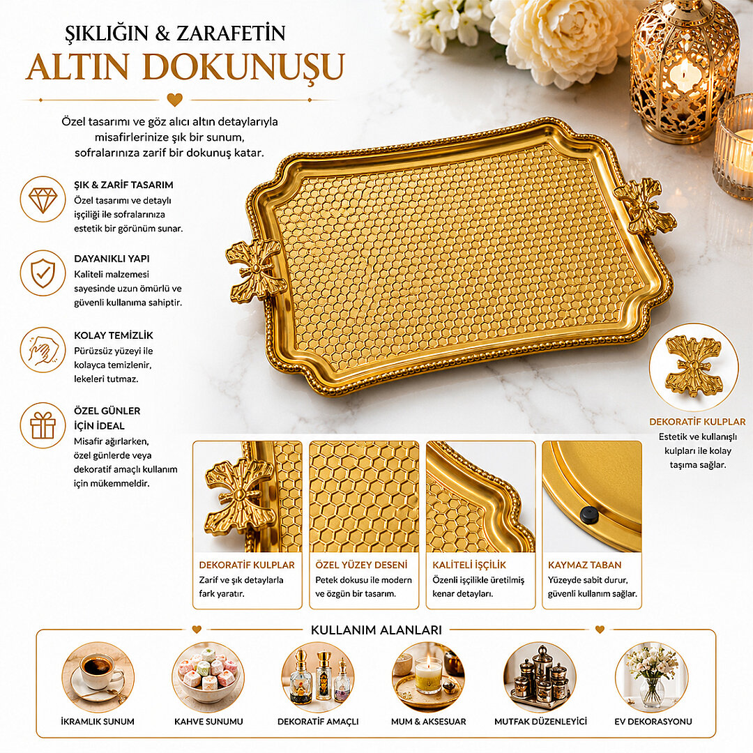 Dekoratif Dikdörtgen Tepsi Gold - 2