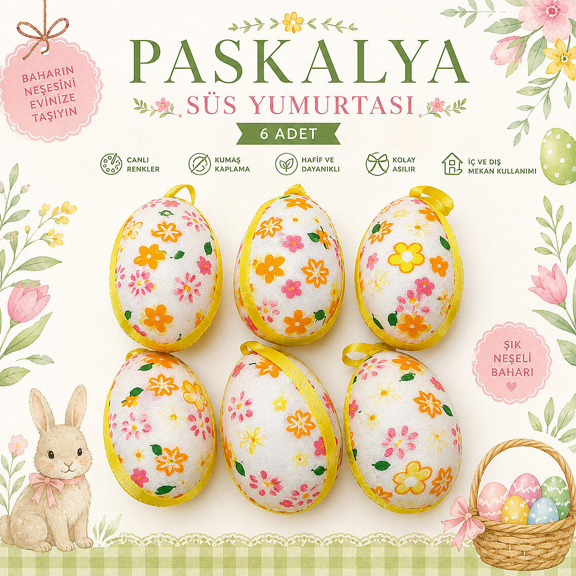 Dekoratif Paskalya Süs Yumurtası 6 Adet Sarı - 2