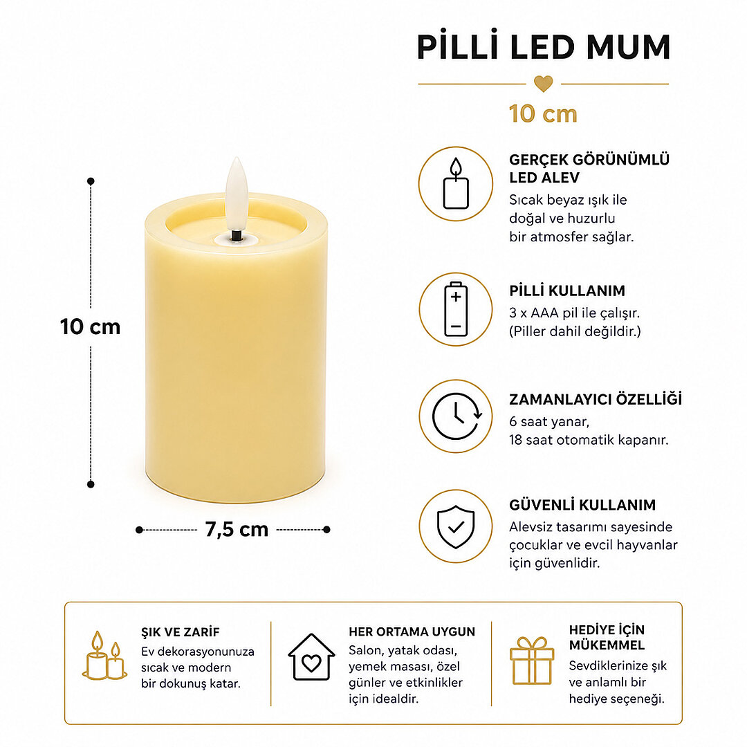 Dekoratif Pilli Led Mum 10 cm - 3
