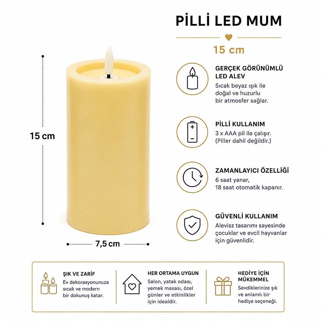 Dekoratif Pilli Led Mum 15 cm - 3