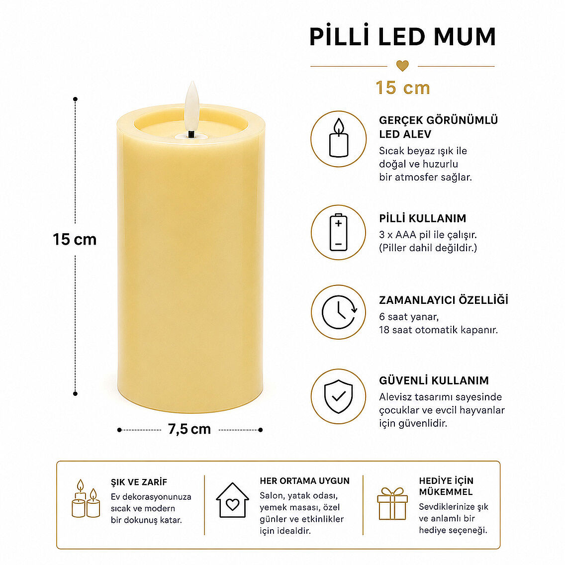 Dekoratif Pilli Led Mum 15 cm - 3