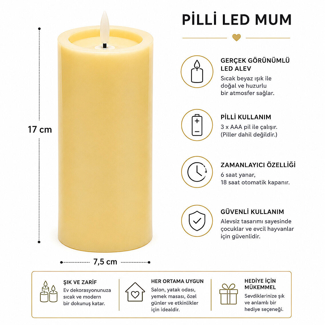 Dekoratif Pilli Led Mum 17 cm - 3