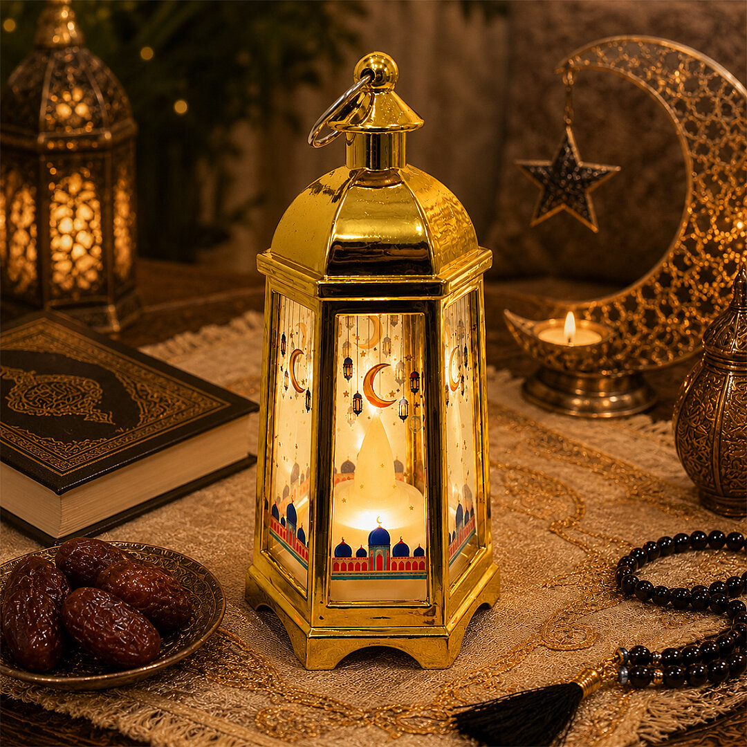 Dekoratif Ramazan Işıklı Kandil Gold 14 cm - Beysüs