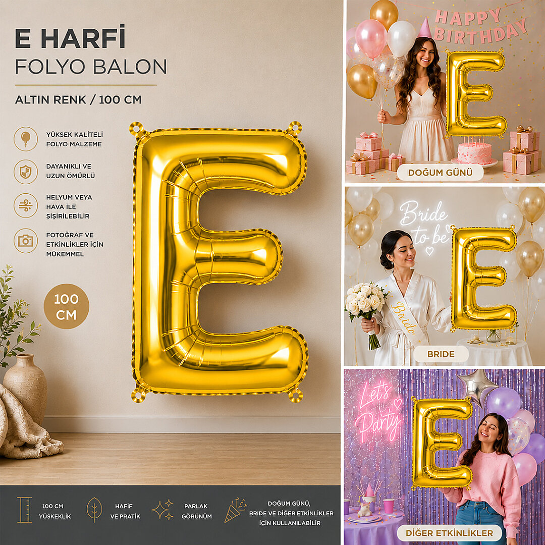 E Harfi Folyo Balon Altın Rengi (100 cm) - 2
