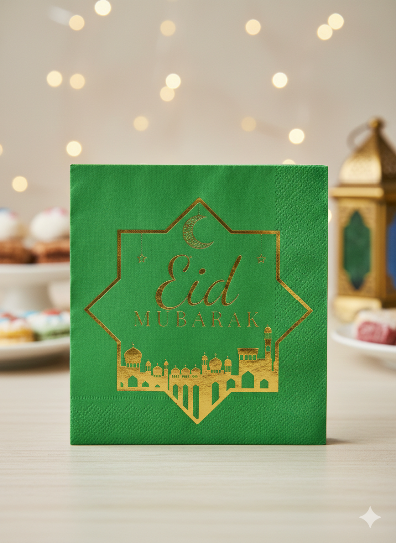 Eid Mubarak 20'Li Yeşil Altın Varaklı Desenli Peçete - Beysüs (1)