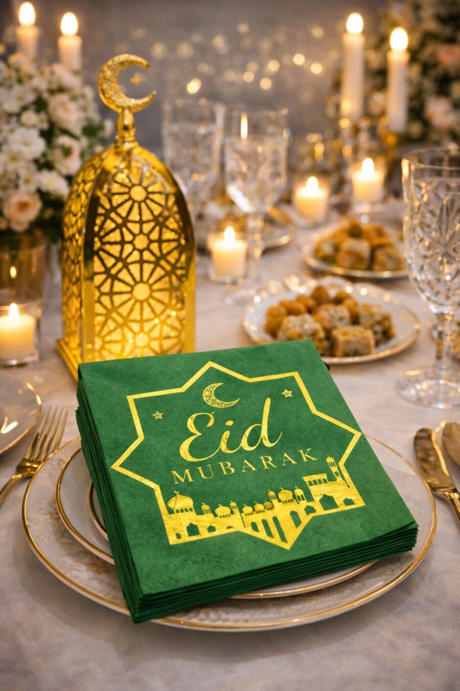 Eid Mubarak 20'Li Yeşil Altın Varaklı Desenli Peçete - 1