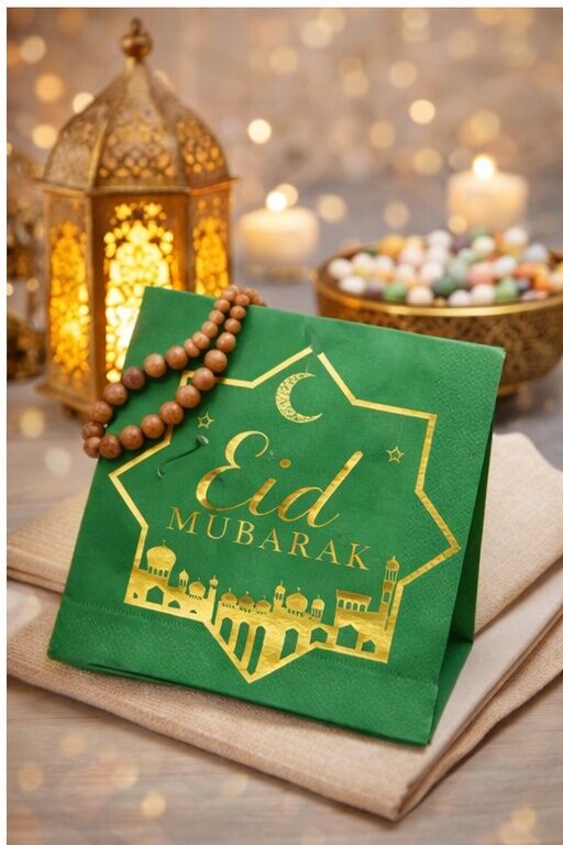 Eid Mubarak 20'Li Yeşil Altın Varaklı Desenli Peçete - 3