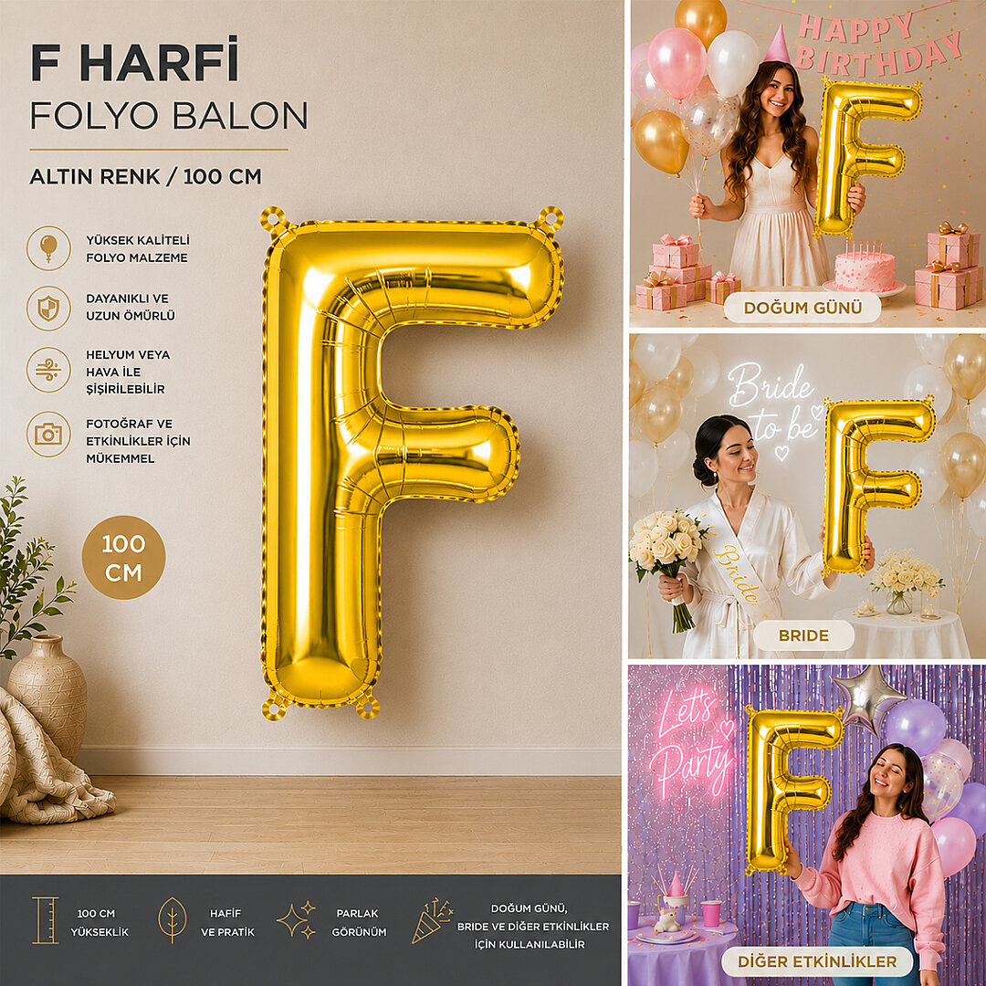 F Harfi Folyo Balon Altın Rengi (100 cm) - 2