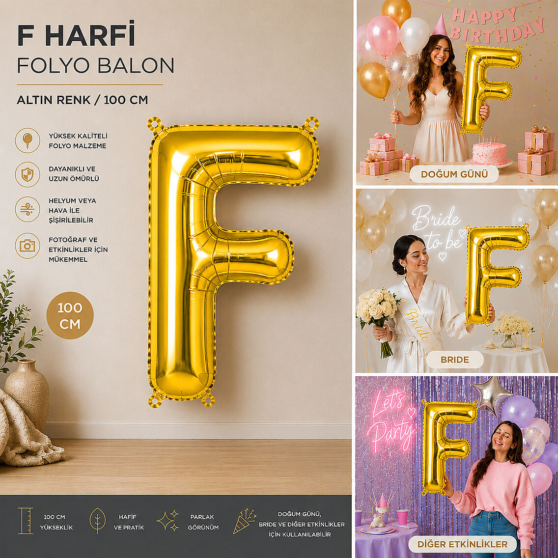 F Harfi Folyo Balon Altın Rengi (100 cm) - 2