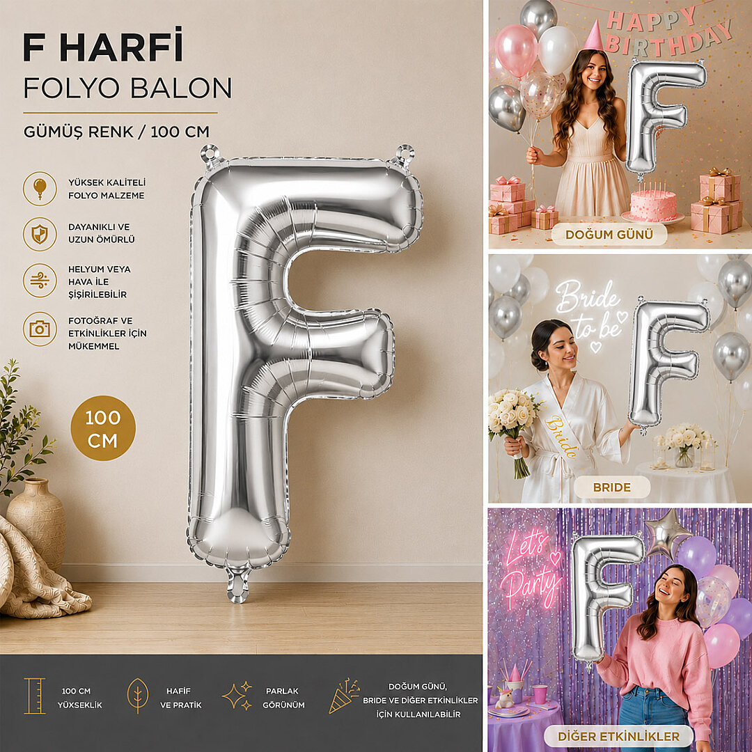 F Harfi Folyo Balon Gümüş Rengi (100 cm) - 2