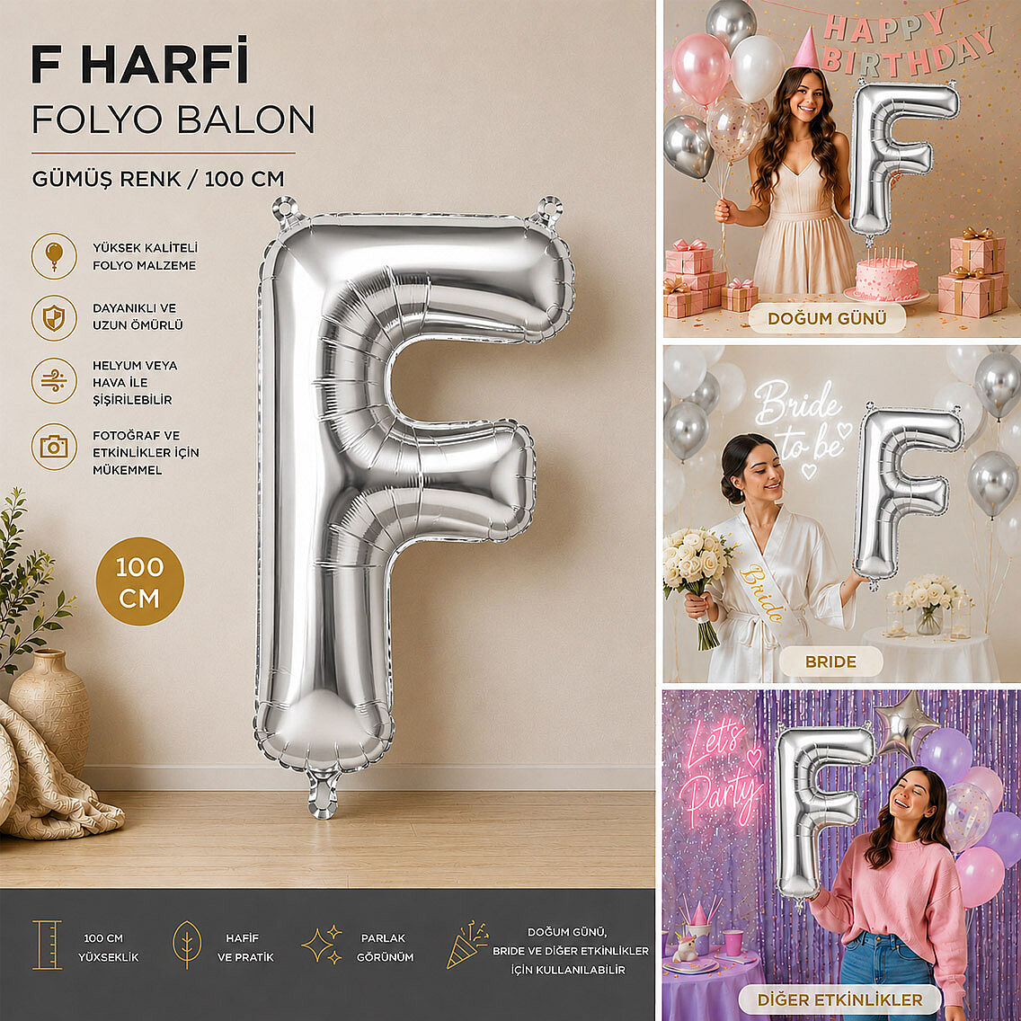 F Harfi Folyo Balon Gümüş Rengi (100 cm) - 2