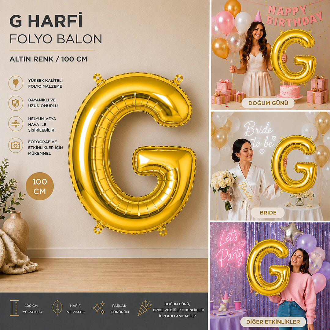 G Harfi Folyo Balon Altın Rengi (100 cm) - 2