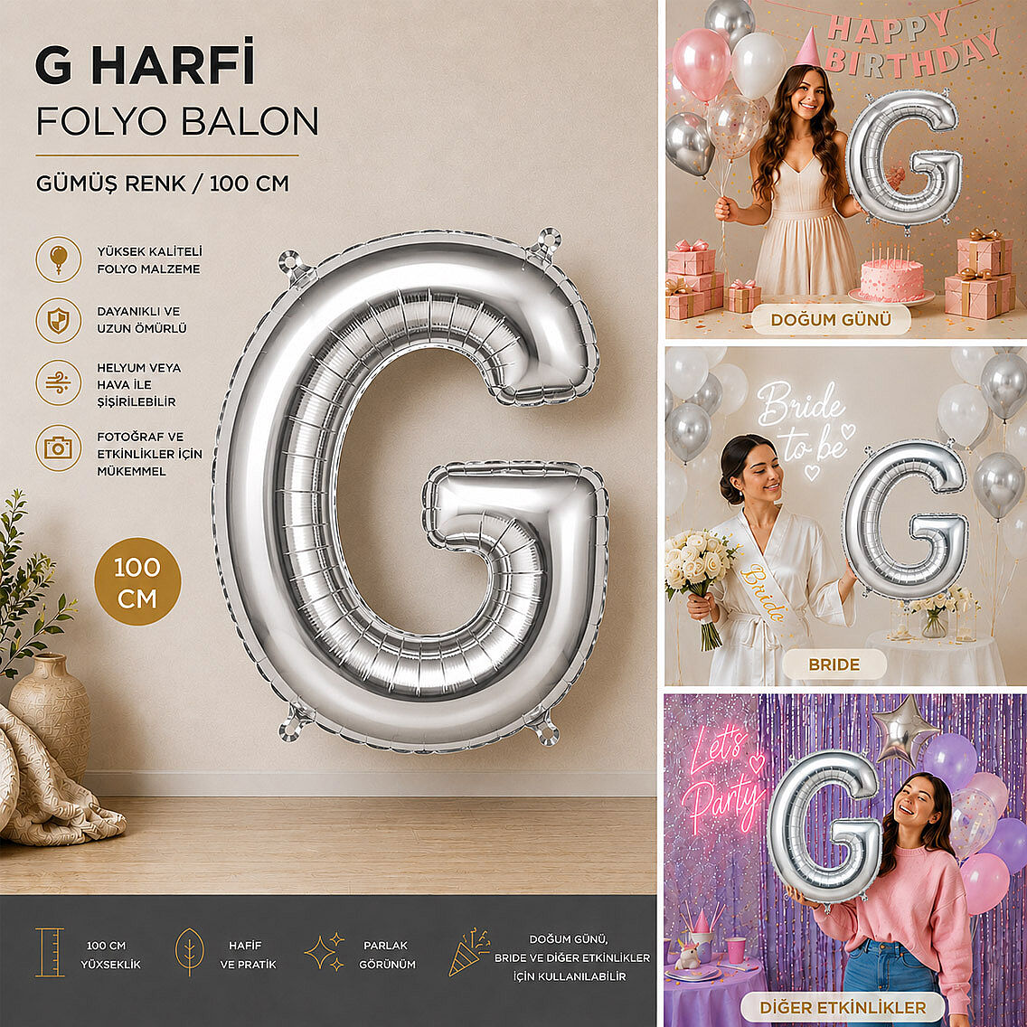 G Harfi Folyo Balon Gümüş Rengi (100 cm) - 2
