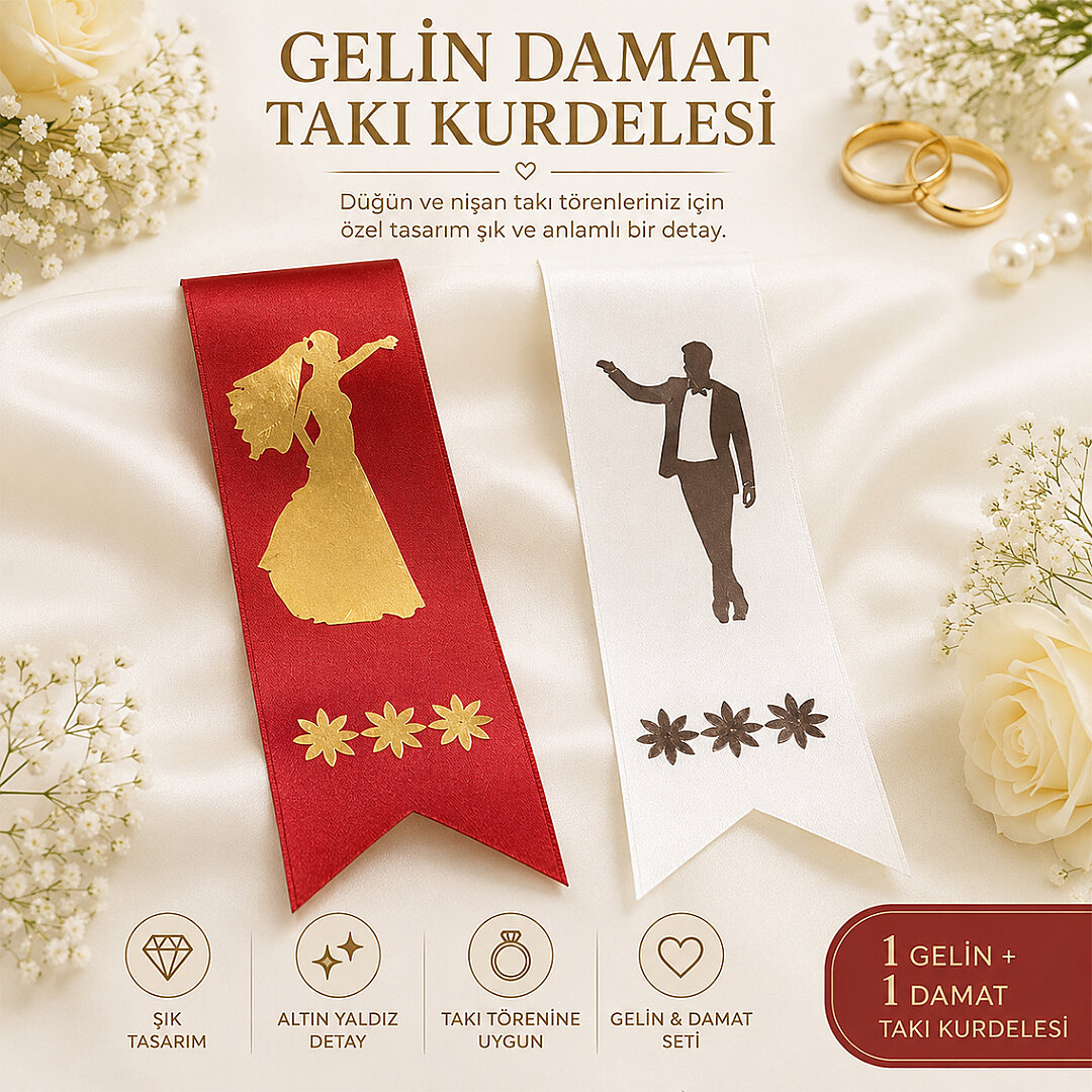 Gelin Damat Takı Kurdelesi 2'li (Kırmızı-Beyaz) - 3