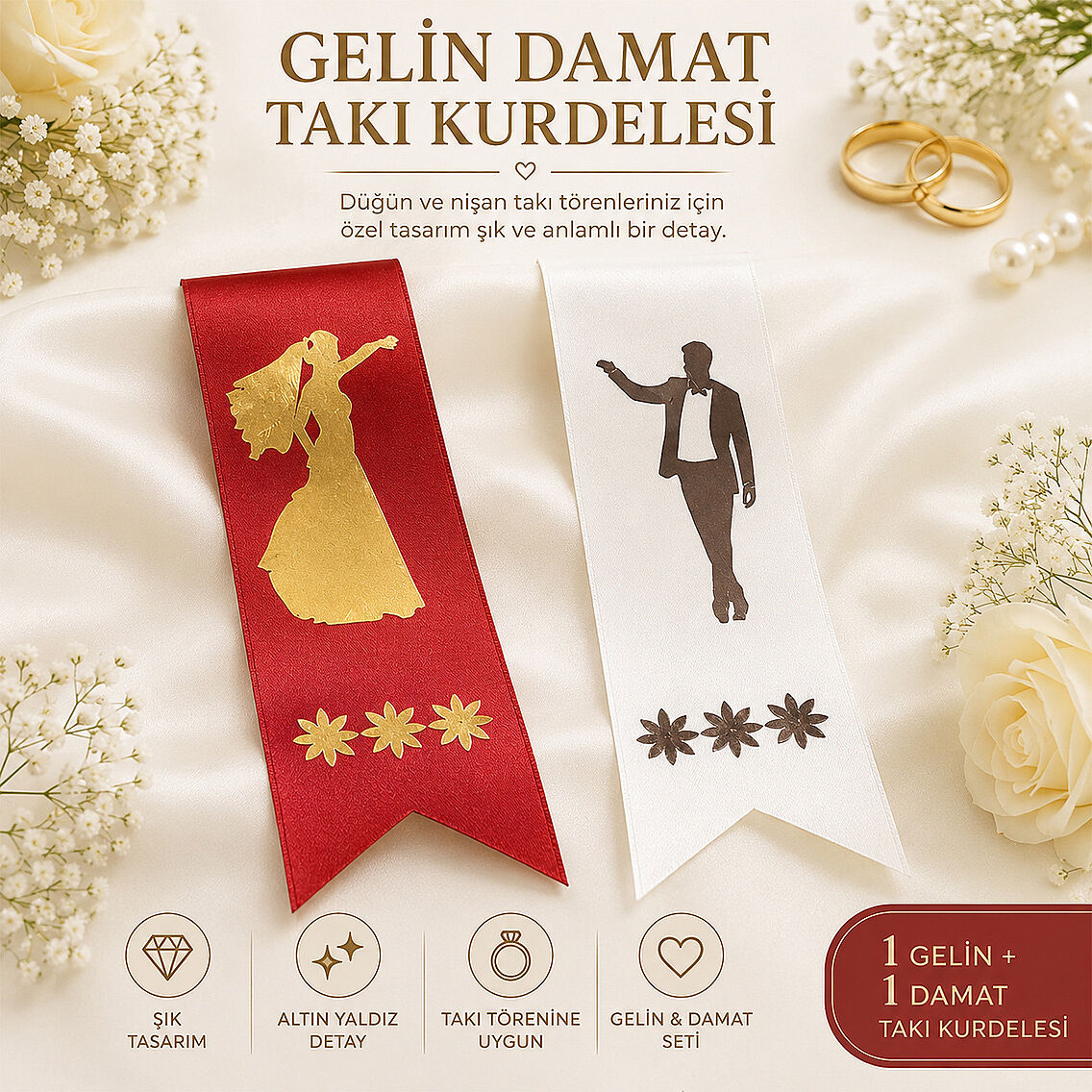 Gelin Damat Takı Kurdelesi 2'li (Kırmızı-Beyaz) - 3