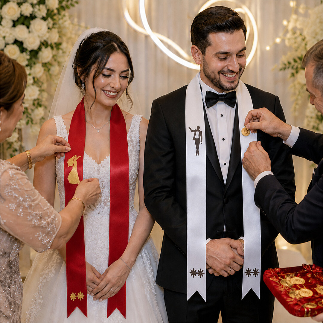 Gelin Damat Takı Kurdelesi 2'li (Kırmızı-Beyaz) - 2