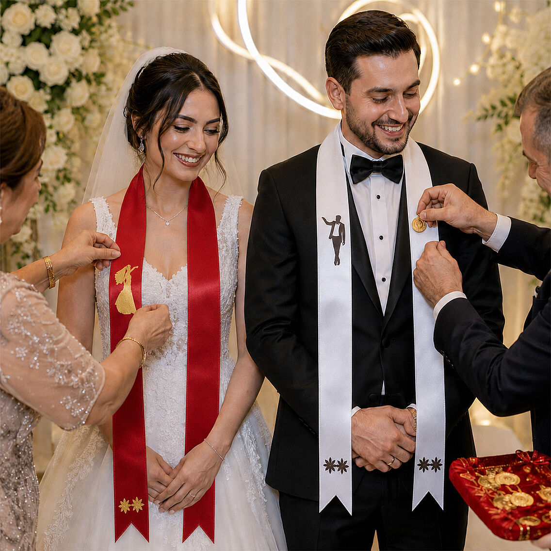 Gelin Damat Takı Kurdelesi 2'li (Kırmızı-Beyaz) - 2