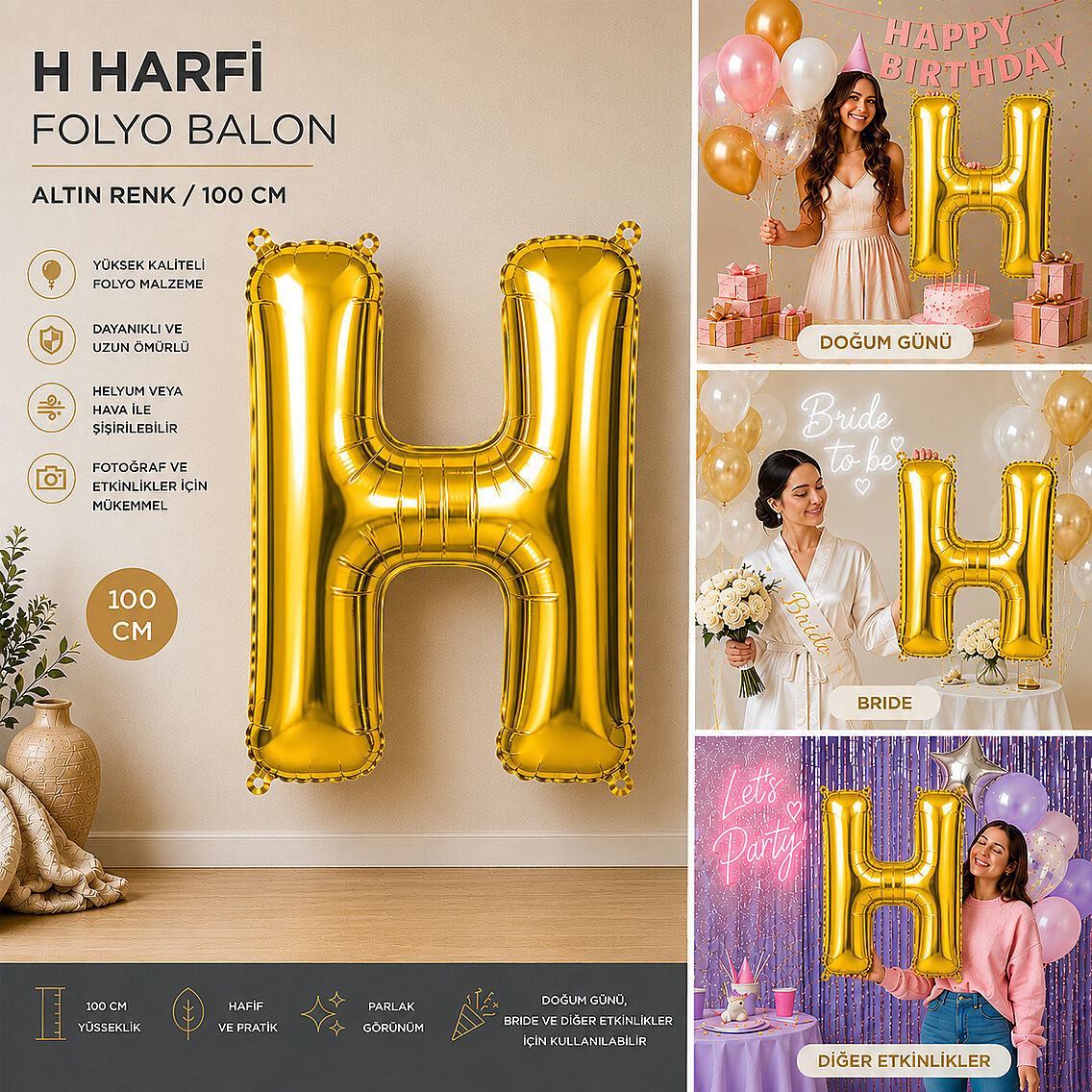 H Harfi Folyo Balon Altın Rengi (100 cm) - 2