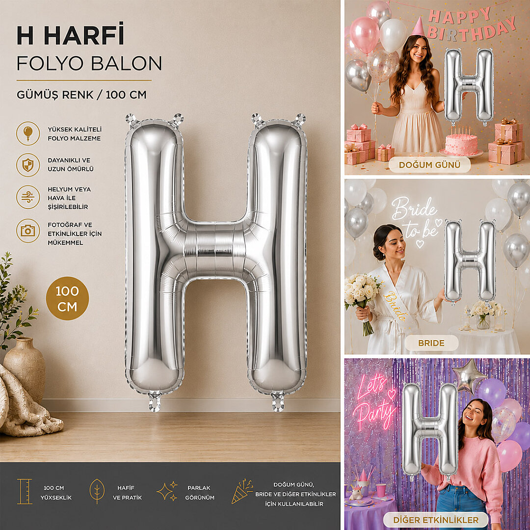 H Harfi Folyo Balon Gümüş Rengi (100 cm) - 2
