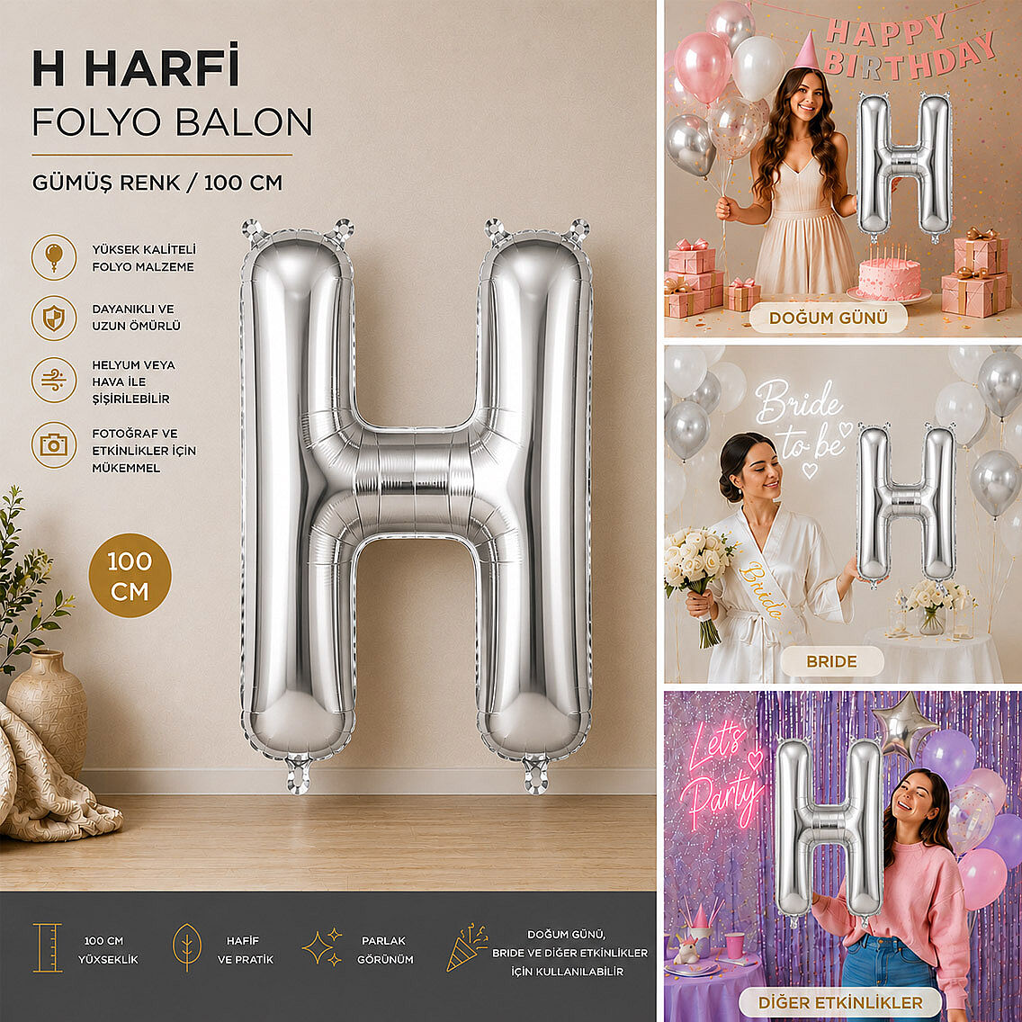 H Harfi Folyo Balon Gümüş Rengi (100 cm) - 2