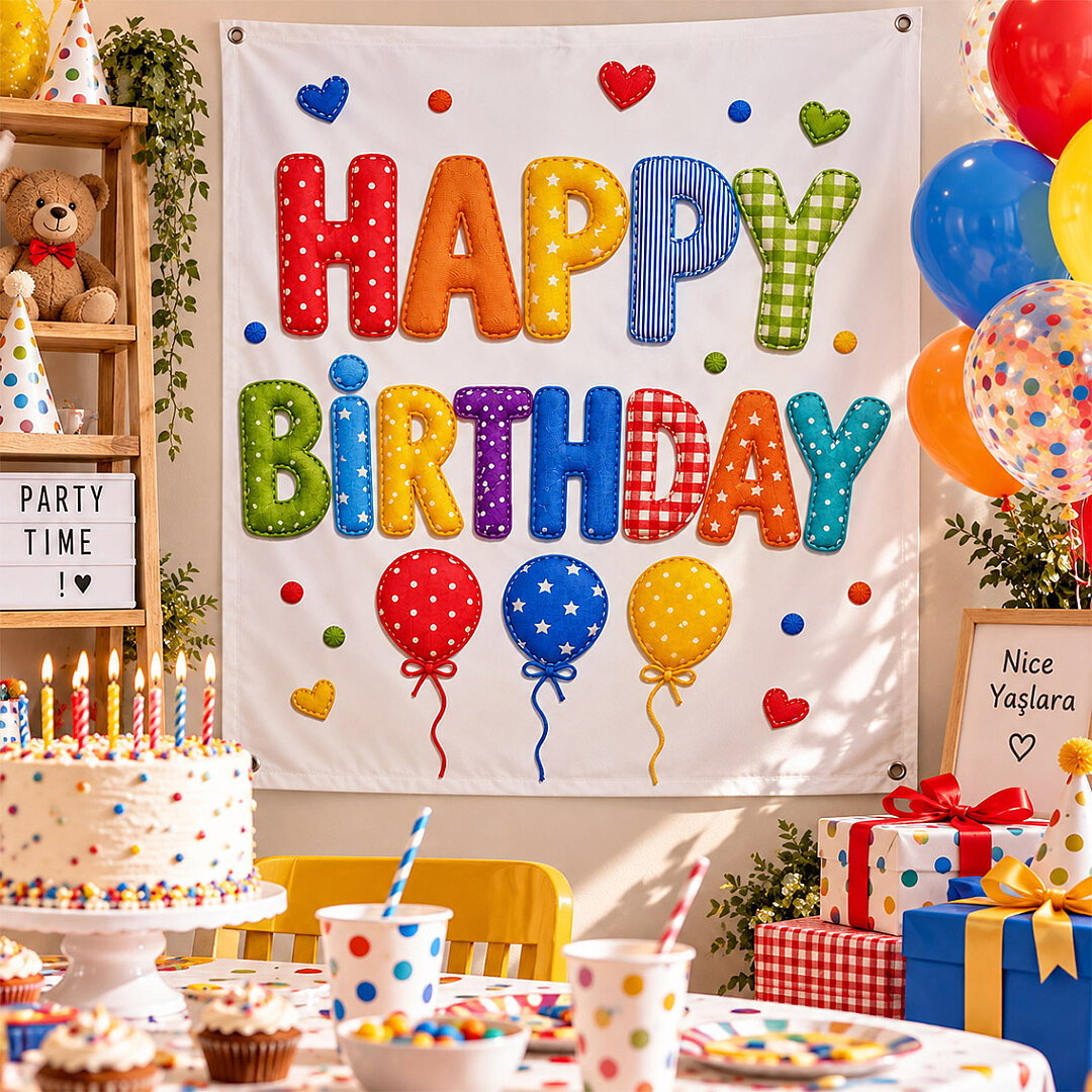 Happy Birthday Makaron Kumaş Parti Posteri 100x150 cm - Beysüs (1)