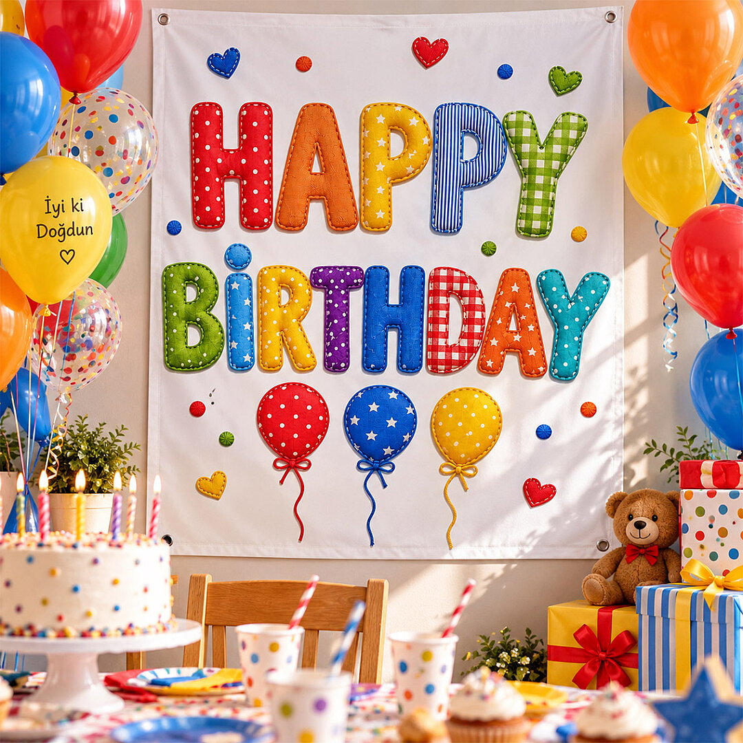 Happy Birthday Makaron Kumaş Parti Posteri 100x150 cm - 3