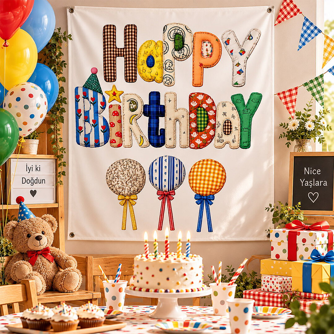 Happy Birthday Retro Kumaş Parti Posteri 100x150 cm - 3