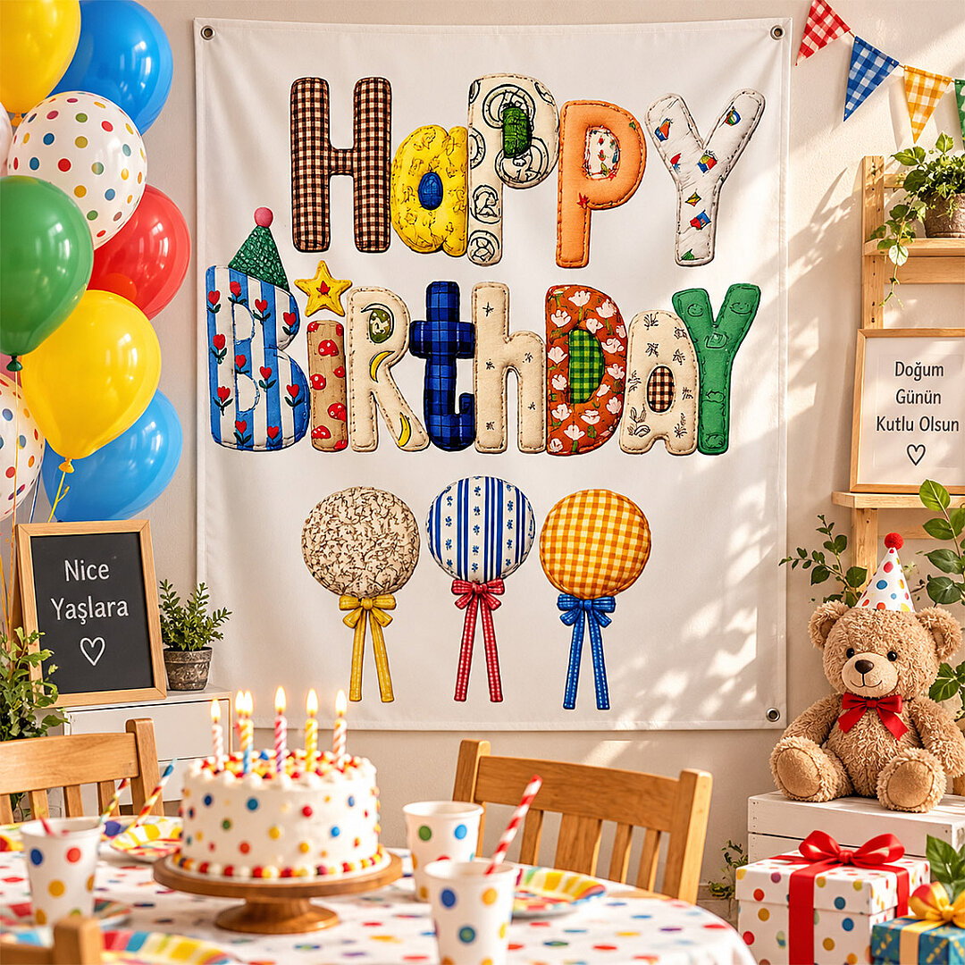 Happy Birthday Retro Kumaş Parti Posteri 100x150 cm - Beysüs (1)