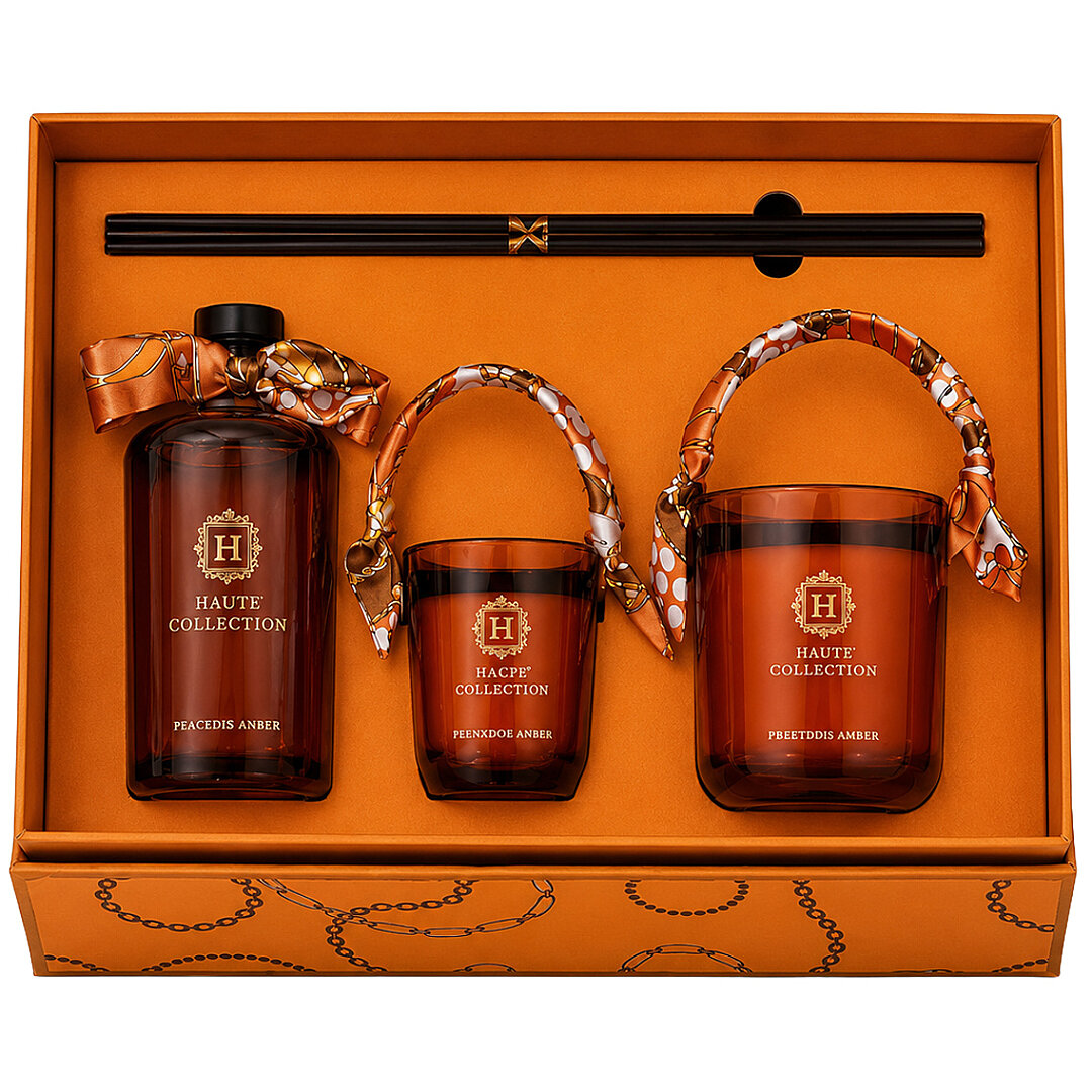 Haute Collection Precious Amber Lüks Ev Kokusu Hediye Seti Çubuklu Oda Kokusu Ve Dekoratif Mum Seti - 1
