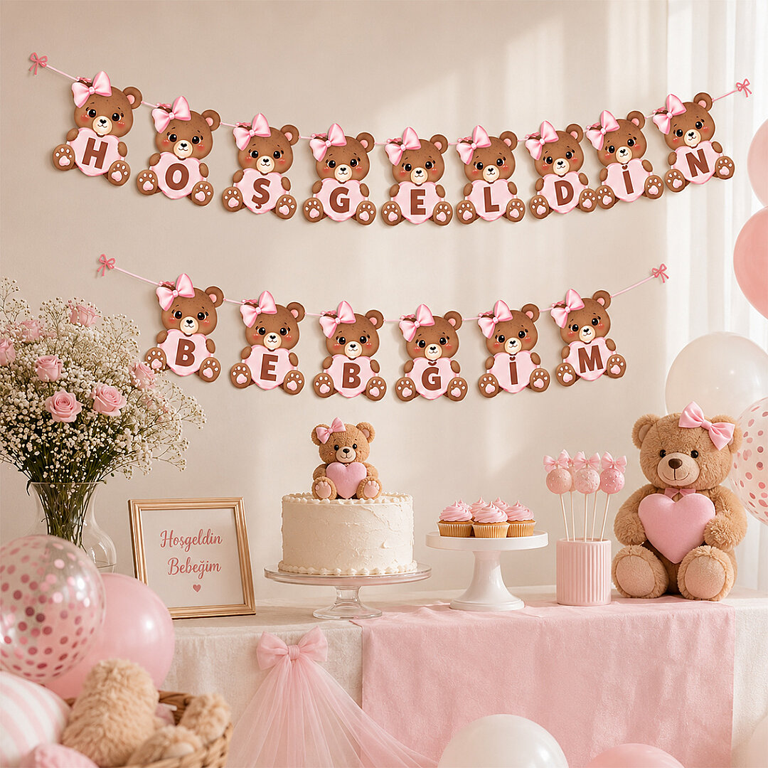 Hoşgeldin Bebeğim Ayıcık Temalı Banner Pembe - 2