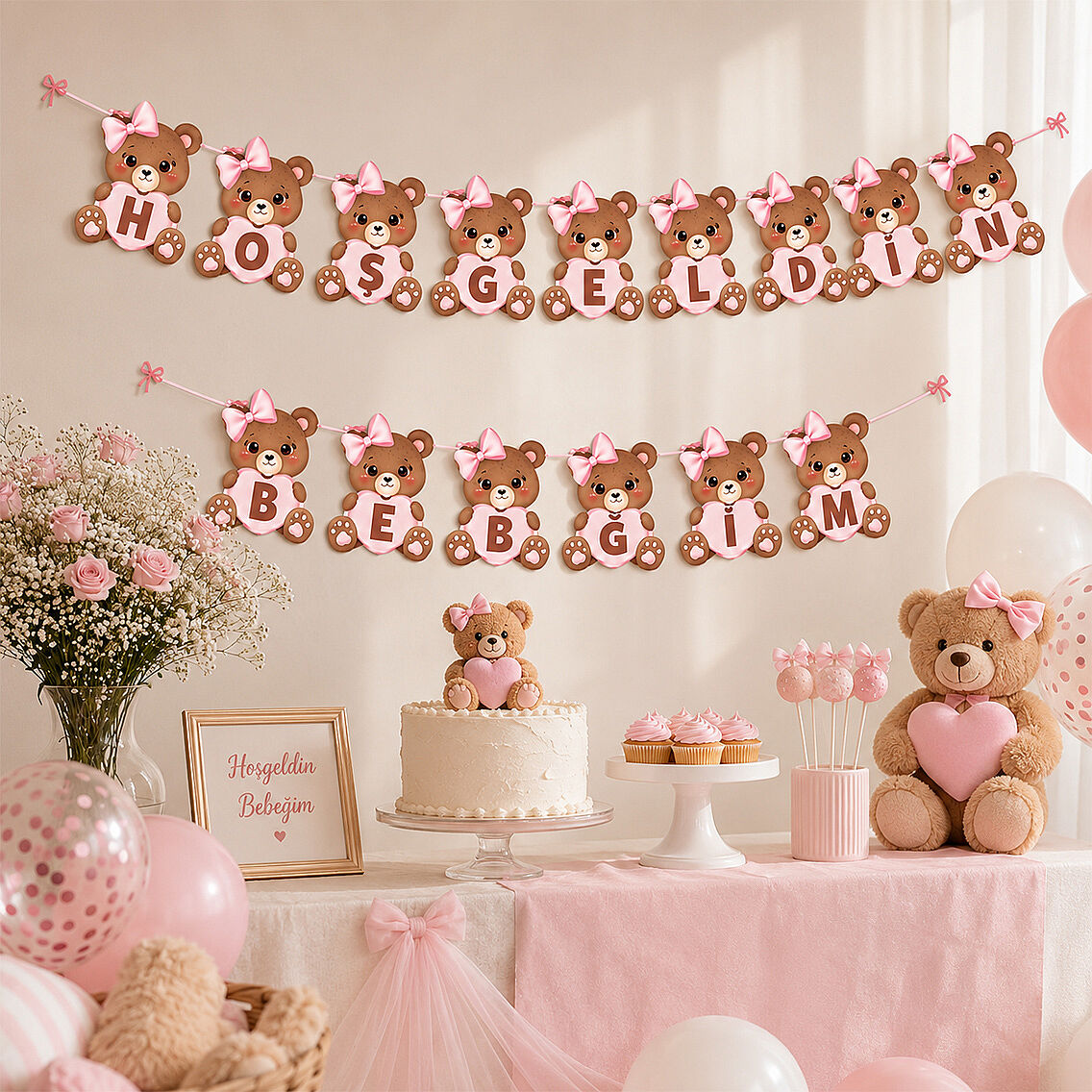Hoşgeldin Bebeğim Ayıcık Temalı Banner Pembe - 2