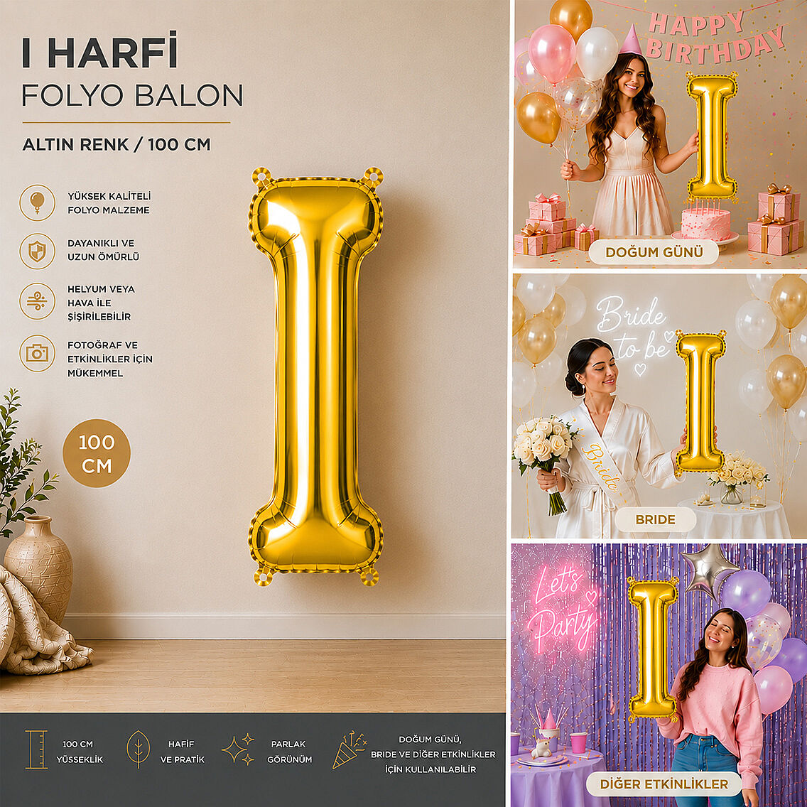 I Harfi Folyo Balon Altın Rengi (100 cm) - 2