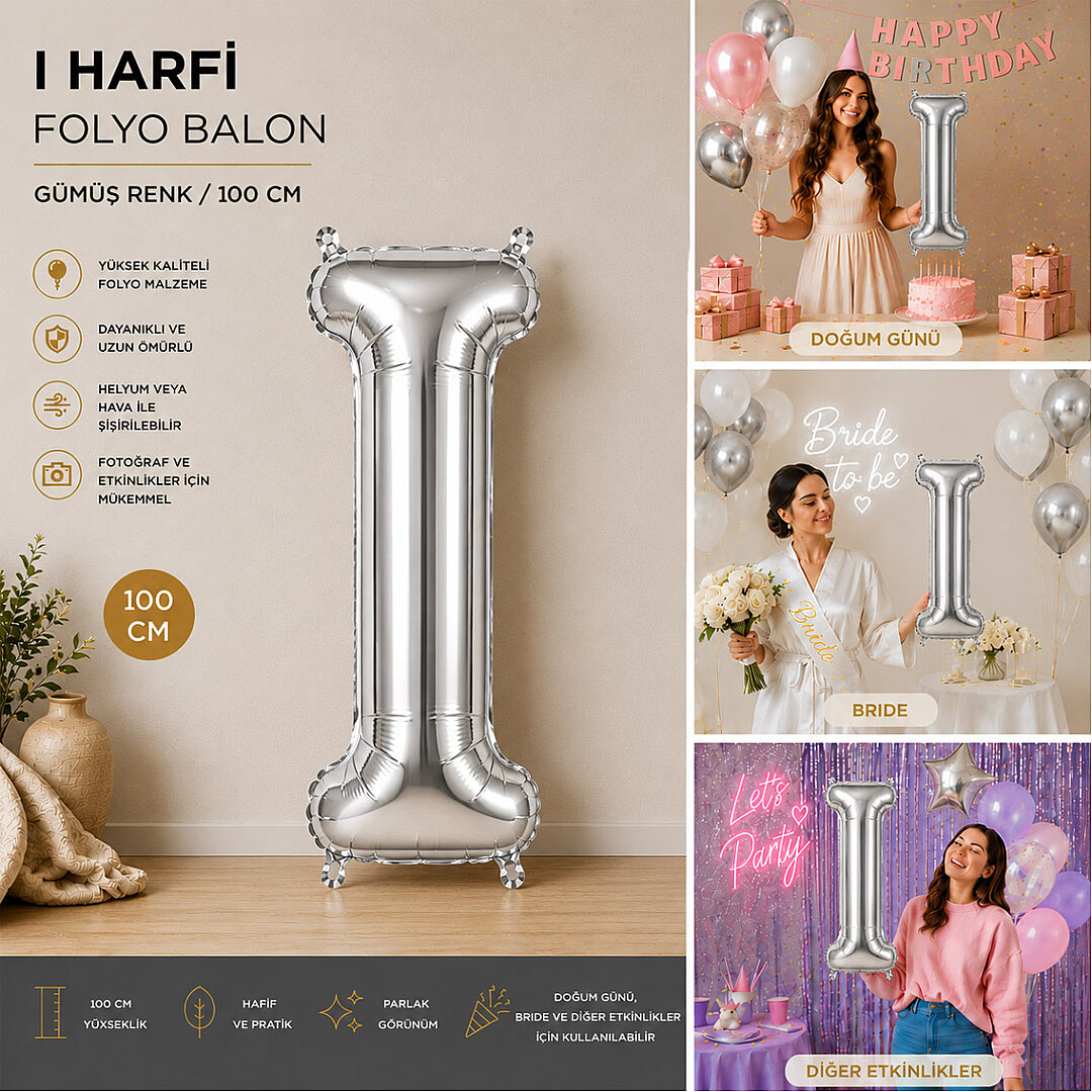 I Harfi Folyo Balon Gümüş Rengi (100 cm) - 2