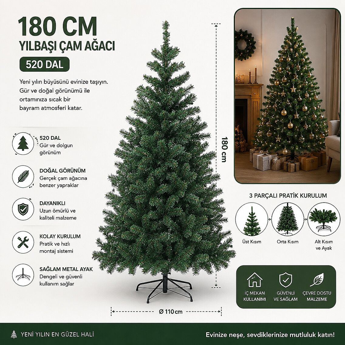 Beysüs 180 cm Yılbaşı Çam Ağacı 520 Dal - 3