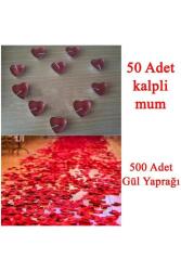 Beysüs 50 Mum 500 Kumaş Gül Yaprağı Kalpli Mum ve Yapay Gül Yaprakları - 1