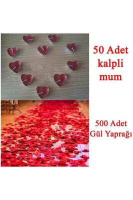 Beysüs 50 Mum 500 Kumaş Gül Yaprağı Kalpli Mum ve Yapay Gül Yaprakları - 1