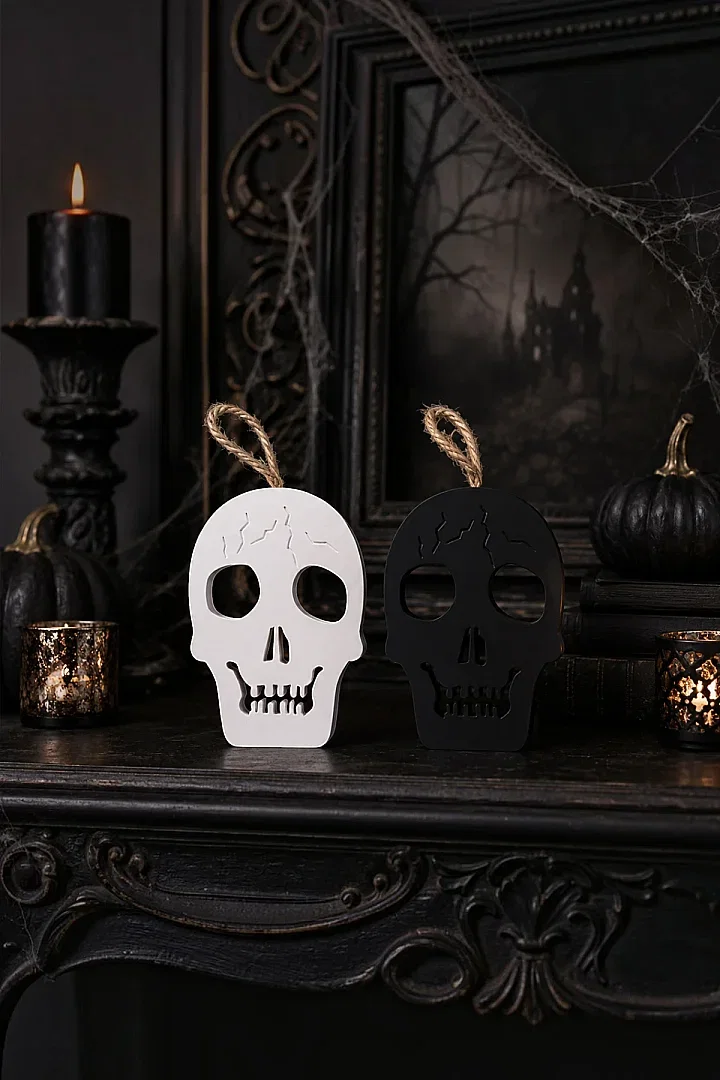 Cadılar Bayramı Halloween Işıklı Kuru Kafa Masa Süsü Çift Taraflı Siyah Beyaz - 4