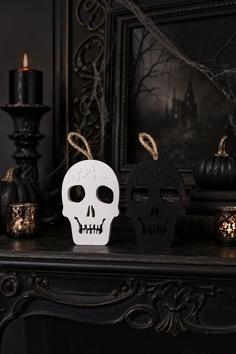 Cadılar Bayramı Halloween Işıklı Kuru Kafa Masa Süsü Çift Taraflı Siyah Beyaz - 4