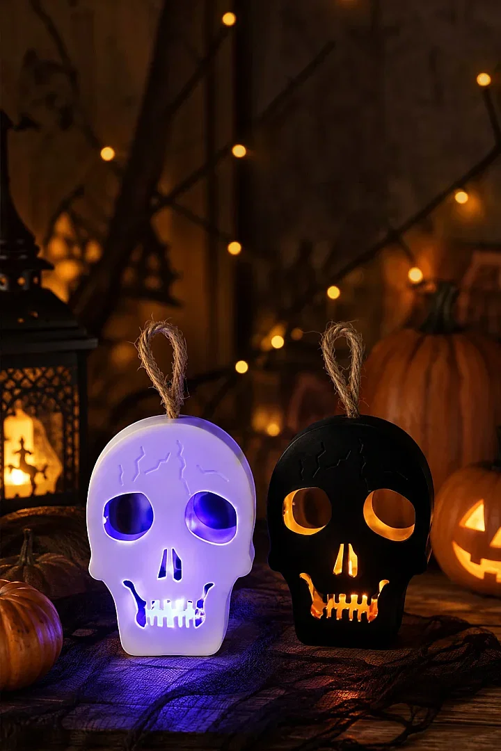 Cadılar Bayramı Halloween Işıklı Kuru Kafa Masa Süsü Çift Taraflı Siyah Beyaz - 3
