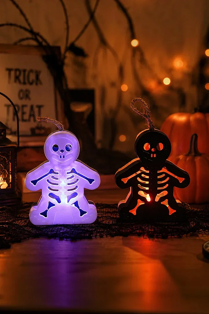 Cadılar Bayramı Halloween Işıklı Masa Süsü İskelet Figür Siyah Beyaz - 1