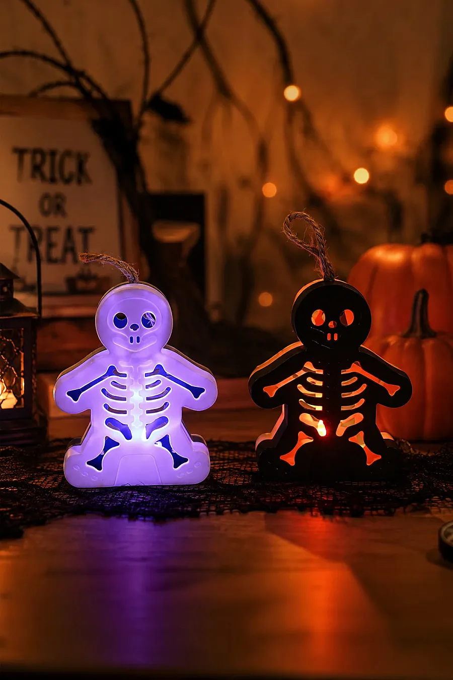 Cadılar Bayramı Halloween Işıklı Masa Süsü İskelet Figür Siyah Beyaz - 1